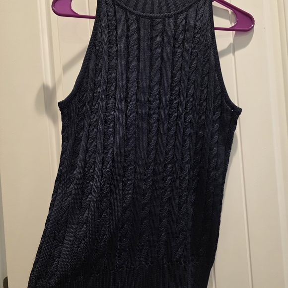 100% Silk Navy Cable Knit Sleeveless Turtleneck NWOT